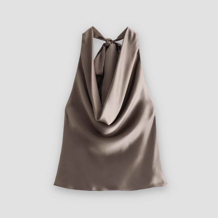 Elegant women's draped halter neck tank top, a sophisticated sleeveless blouse ideal for evening wear.