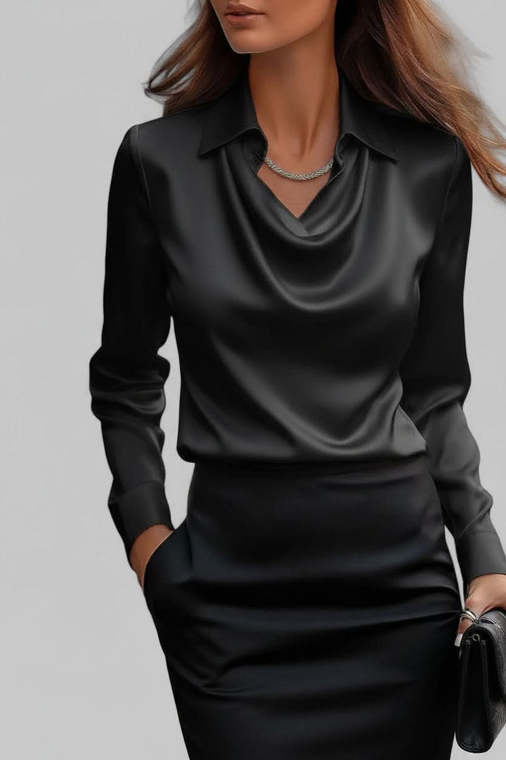 Professional women's elegant draped long sleeve blouse, ideal for office & business casual style.