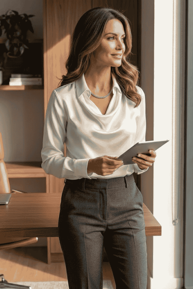 Versatile chic women's draped long sleeve blouse, perfect for day to night and modern style.