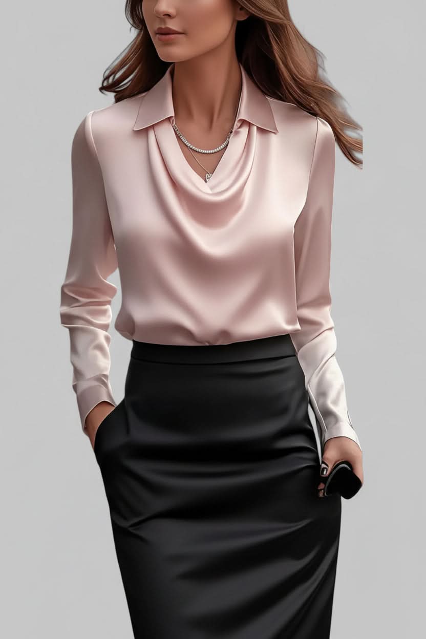 Sophisticated women's draped long sleeve blouse, a versatile top for chic business casual outfits.