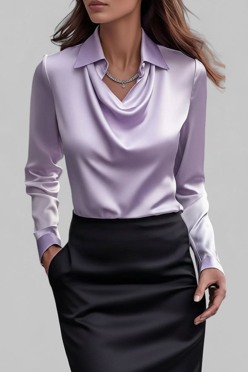 Elegant long sleeve blouse for women, a draped top offering a chic, modern business casual style.