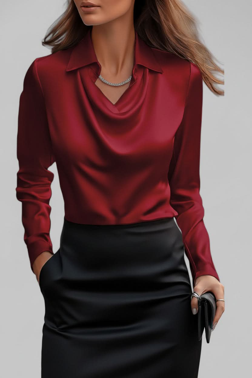 Women's elegant draped long sleeve blouse, versatile fashion for office or stylish casual wear.