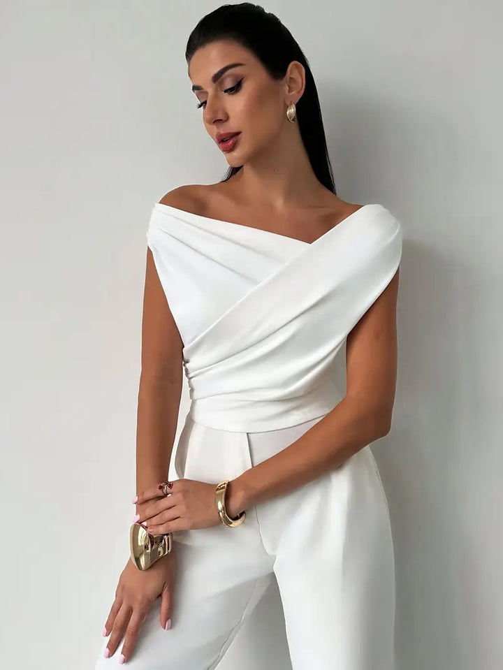 Versatile women's draped shoulder top, ideal for workwear, dinner, or stylish casual looks.
