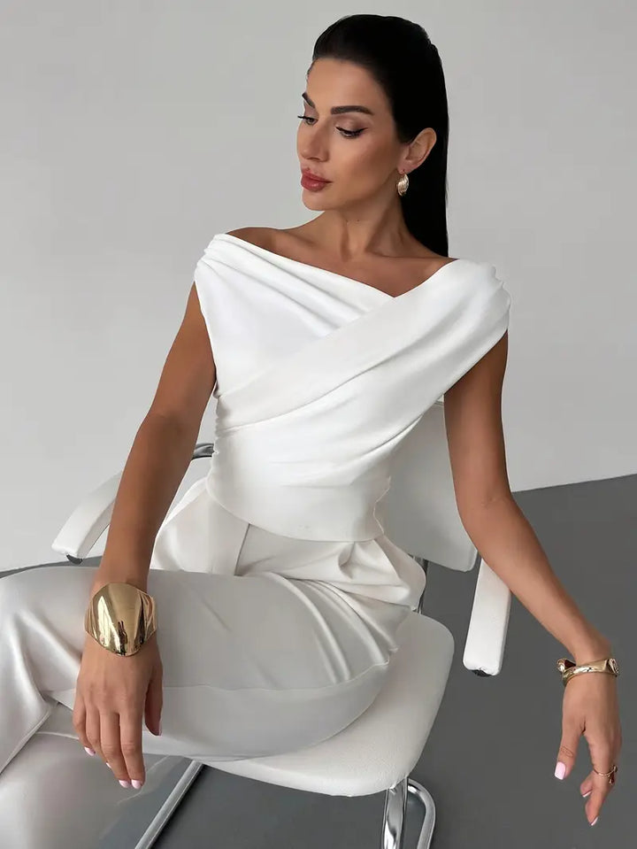 Comfortable and elegant women's draped shoulder top, a stylish fashion staple.