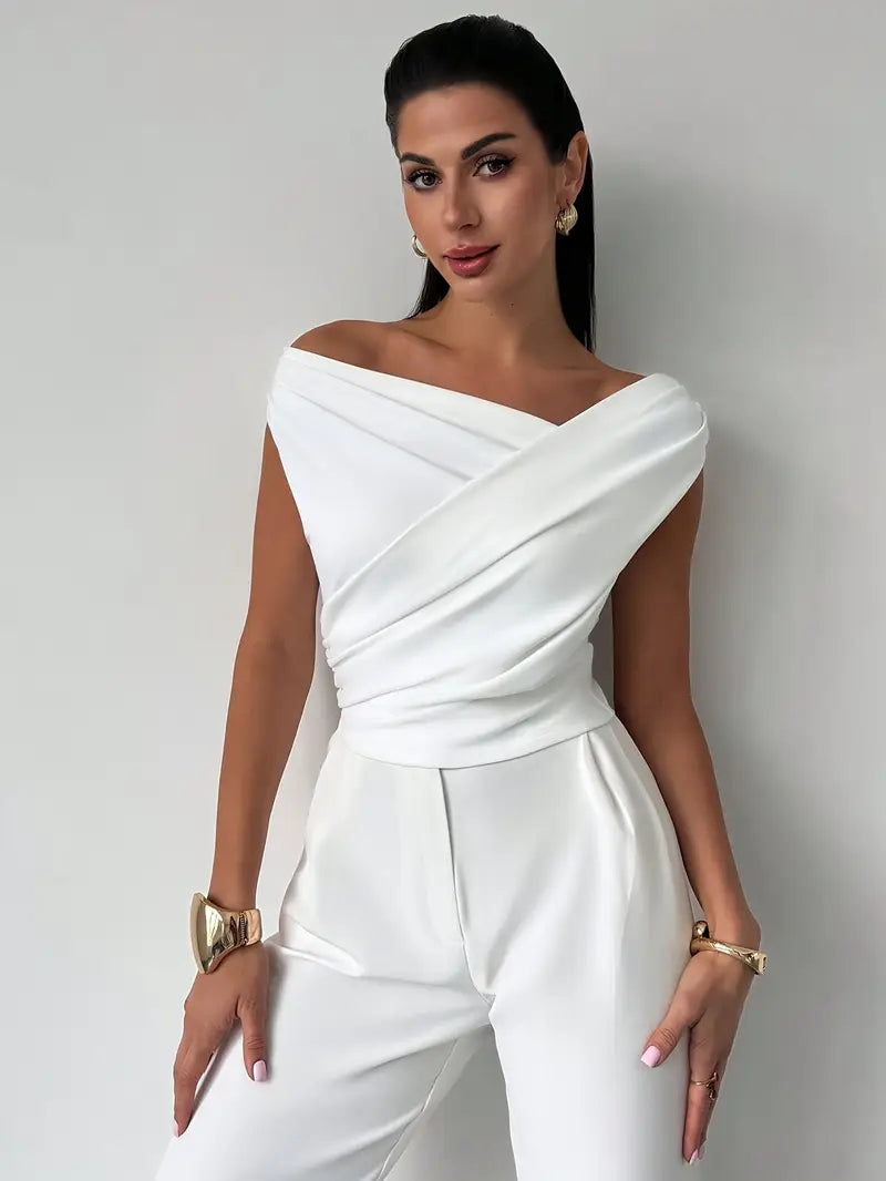 Striking red draped shoulder top for women, a sophisticated choice for evening wear.