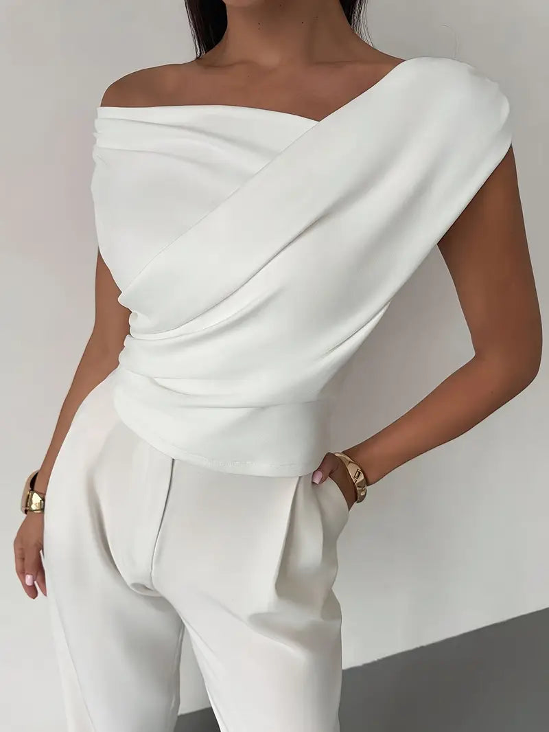 Draped shoulder women's top, an elegant and stylish blouse for a polished, modern look.