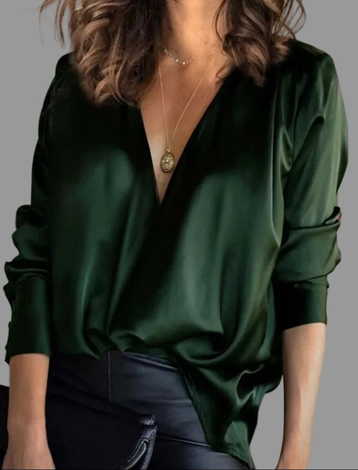 Elegant women's draped V-neck blouse, relaxed fit, long sleeve. Perfect sophisticated day to night top.