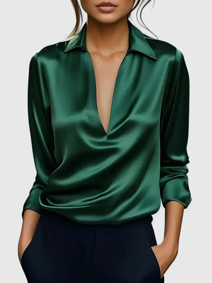 Women's elegant v-neck blouse. Draped long sleeve top with a relaxed fit for office or special occasions.