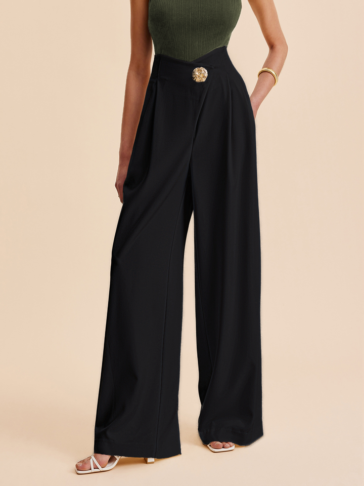Stylish women's wide-leg pants with high waist and embellishments. Available in apricot, khaki, and black.