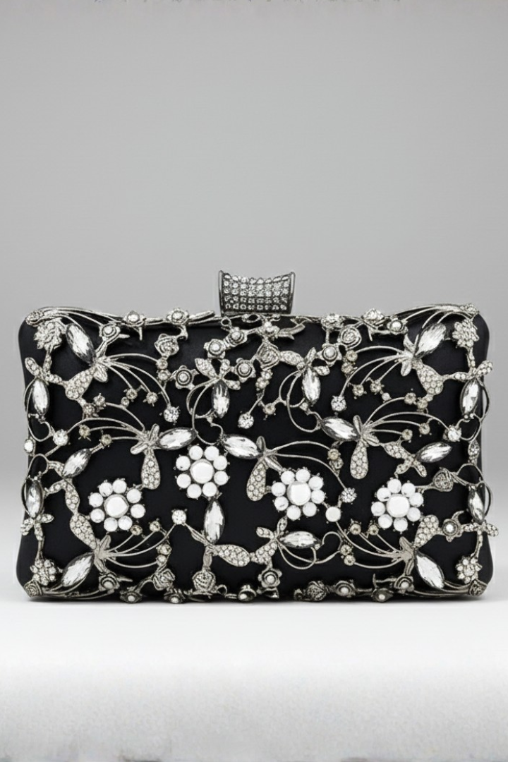 Black & gold embroidered women's evening clutch with sparkling decorative stones, a stylish party handbag.