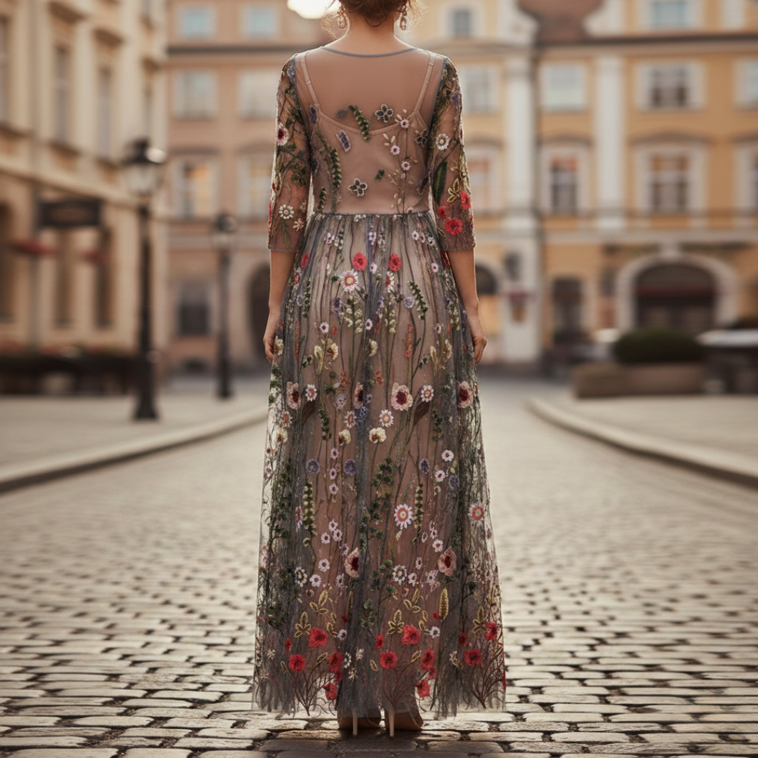 Women's long elegant embroidered maxi dress, ideal for weddings, parties, and special events.