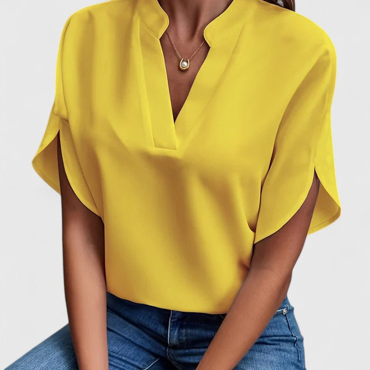 Red elegant women's blouse. Vibrant chic top, versatile for spring fashion, summer events, or casual style.