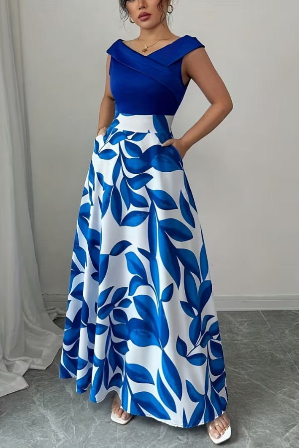 Elegant women's floral A-line maxi dress with pockets, perfect for summer casual or versatile occasions.