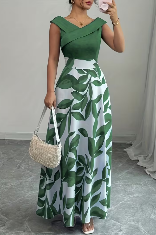 Stylish women's floral V-neck A-line maxi dress with practical pockets, ideal for summer elegance.