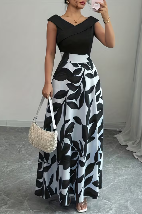 Versatile women's A-line floral print maxi dress featuring a V-neck and pockets, great for casual or elegant wear.