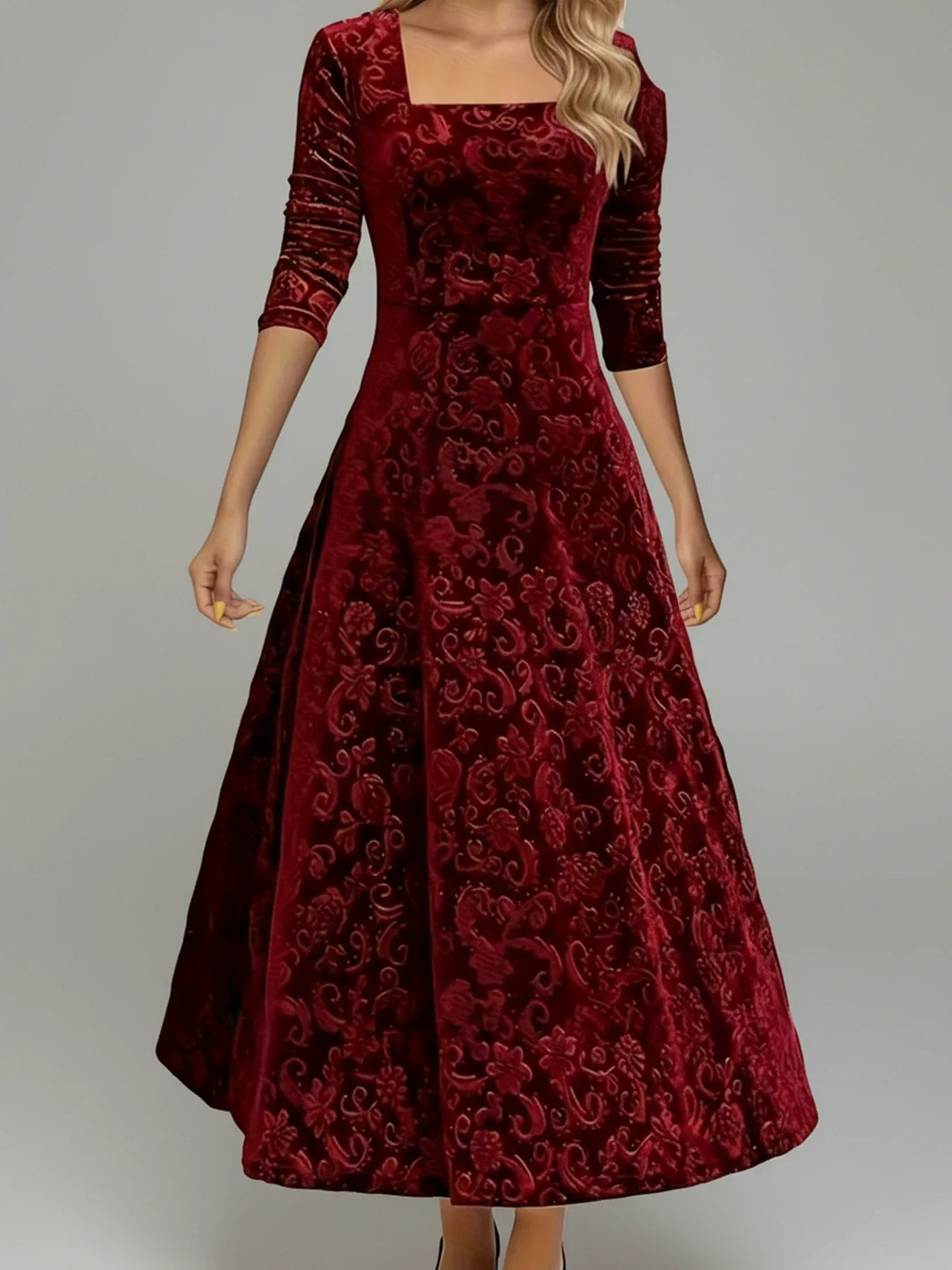 Elegant women's floral A-line midi dress with long sleeves & square neck, perfect for fall/winter parties.