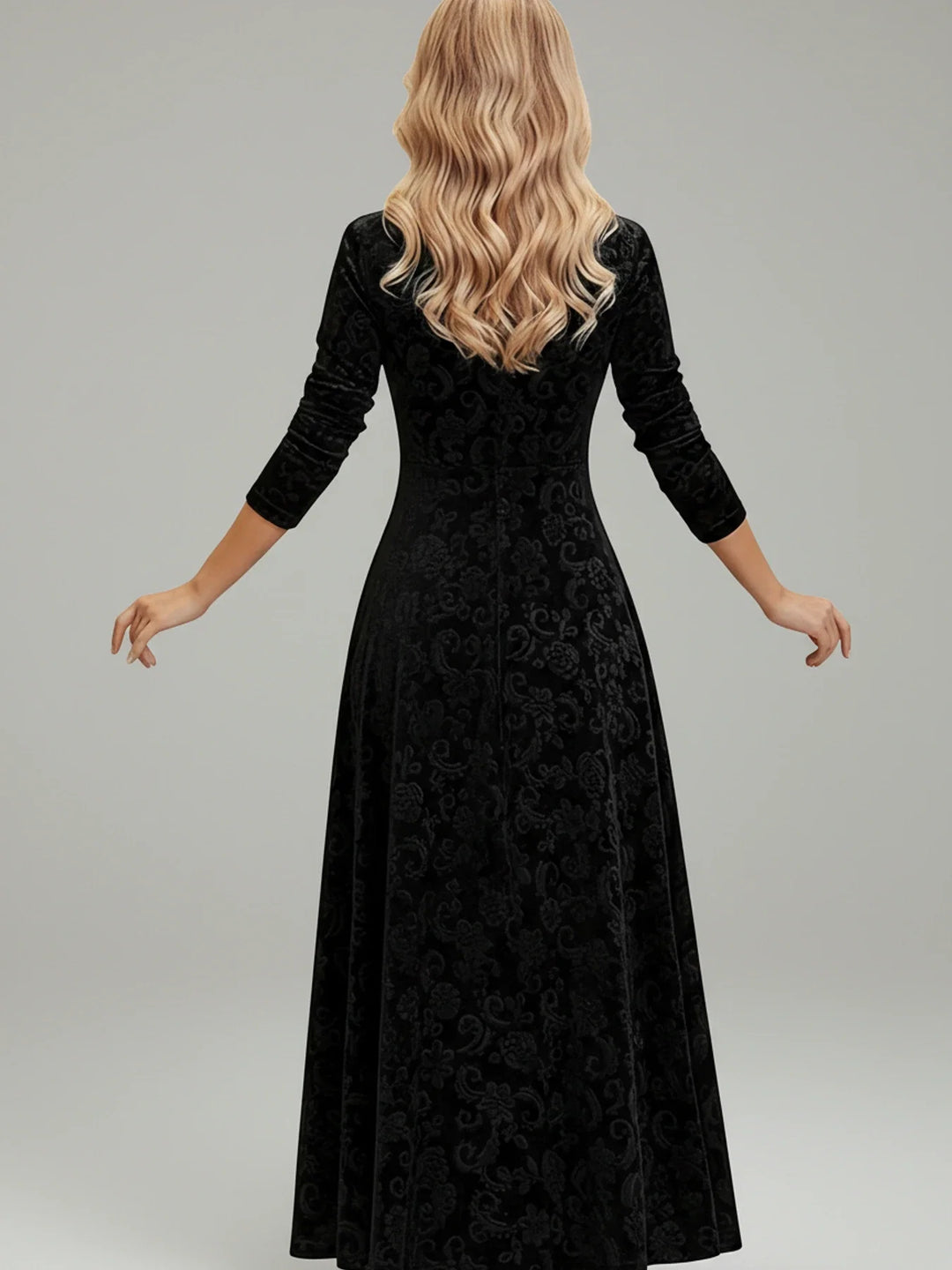 Model wearing elegant women's floral A-line midi dress with long sleeves & square neck, showcasing fall style.