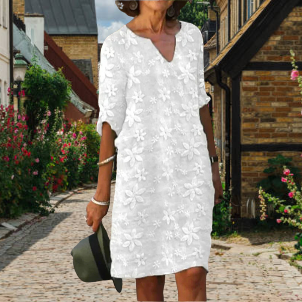 Elegant Women's Floral Appliqué Notch Neck Midi Dress with 3/4 Sleeves. Perfect relaxed fit summer day dress.