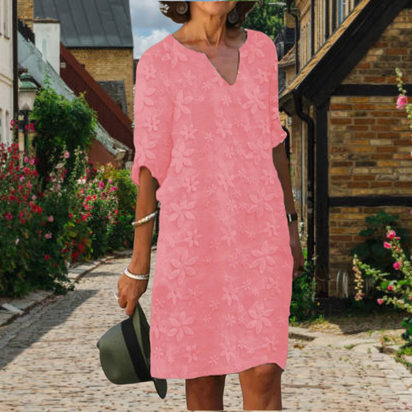 Women's casual Notch Neck 3/4 Sleeve Midi Dress. Relaxed fit summer day dress with elegant floral appliqué details.
