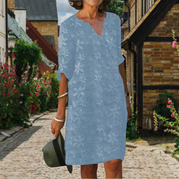 Versatile Women's Floral Appliqué Midi Dress. Elegant 3/4 sleeve notch neck summer dress, ideal for casual and day wear.
