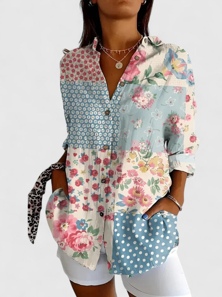 Elegant women's floral blouse with vibrant print, perfect for spring/summer fashion & versatile wear.