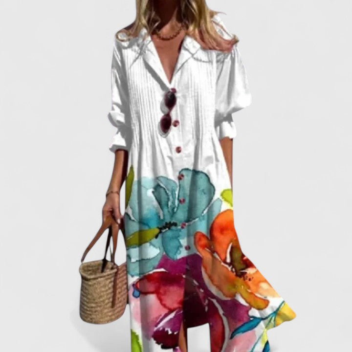 Elegant women's floral button-front maxi dress, perfect for summer casual wear or resort vacations.