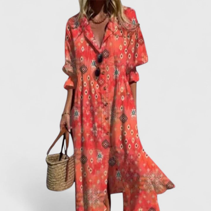 Lightweight women's floral maxi dress for summer. Button-front design, great for casual beach days.
