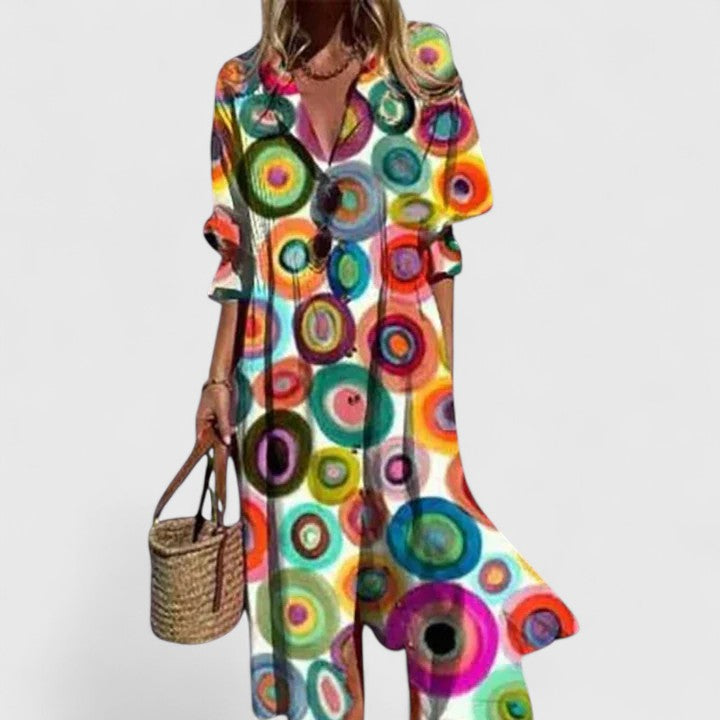 Casual yet elegant floral maxi dress for women. Button-front summer beach and vacation wear.