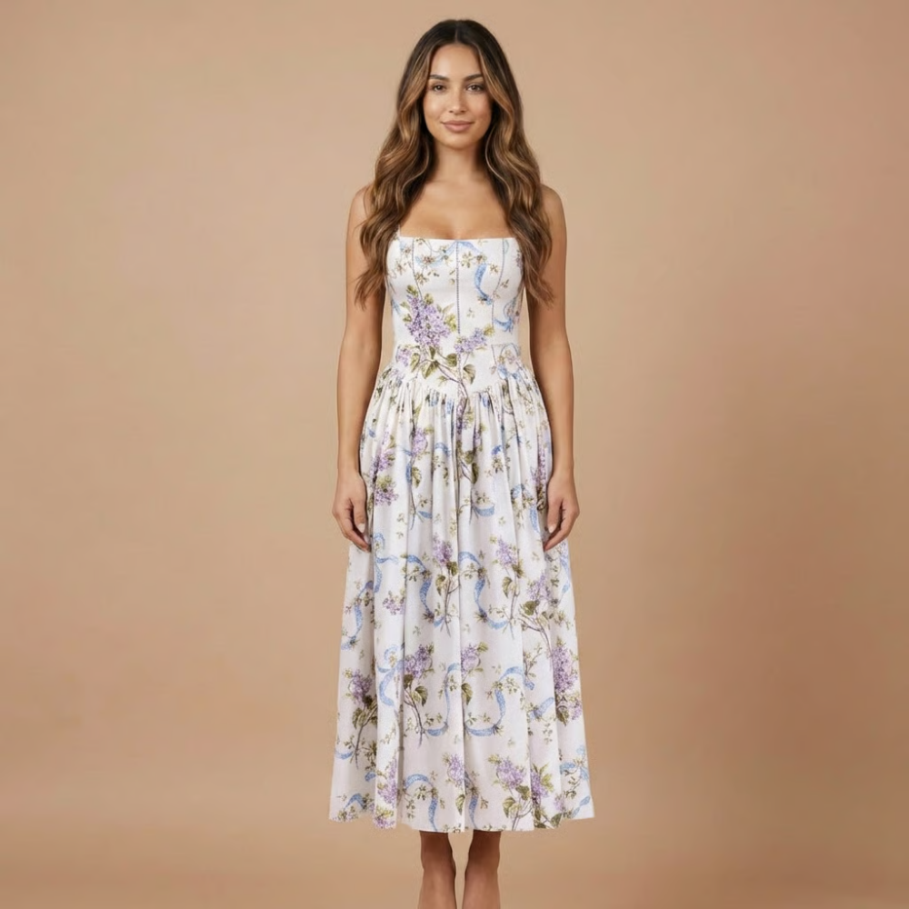 Elegant women's floral corset midi dress, perfect for wedding guests, garden parties, or summer occasions.