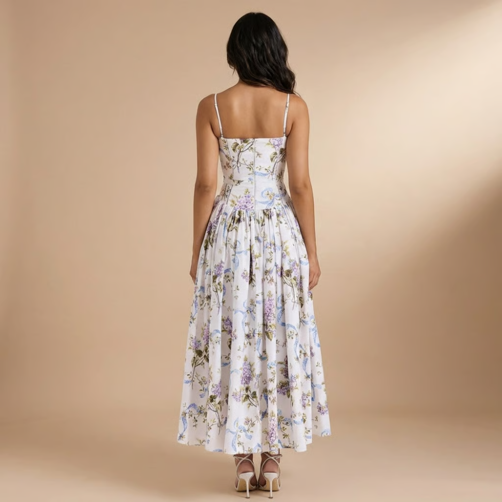 Chic A-line floral corset midi dress for women, sleeveless, ideal for elegant summer events & cocktail parties.