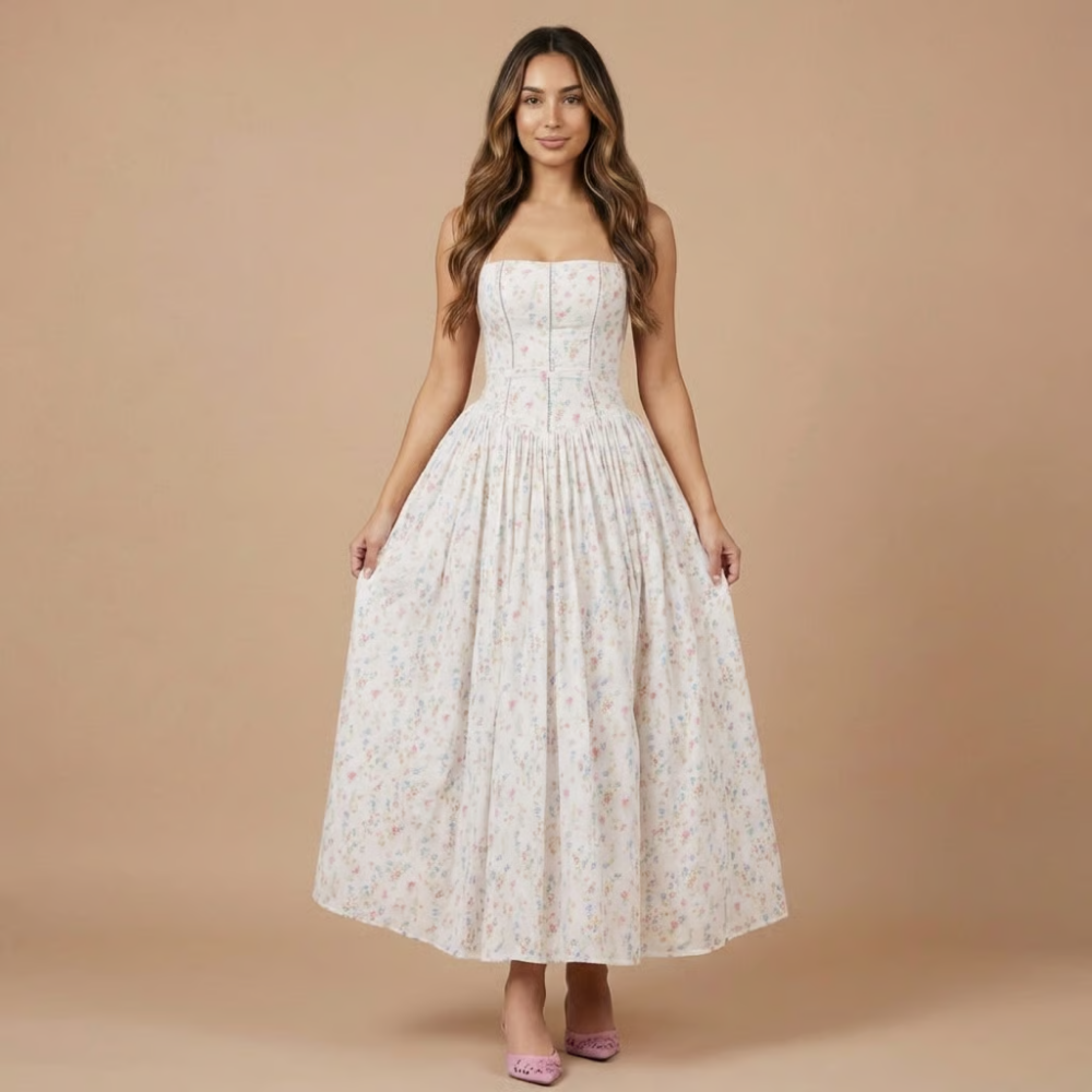 Romantic floral corset midi dress with flattering silhouette, elegant wedding guest attire for women.