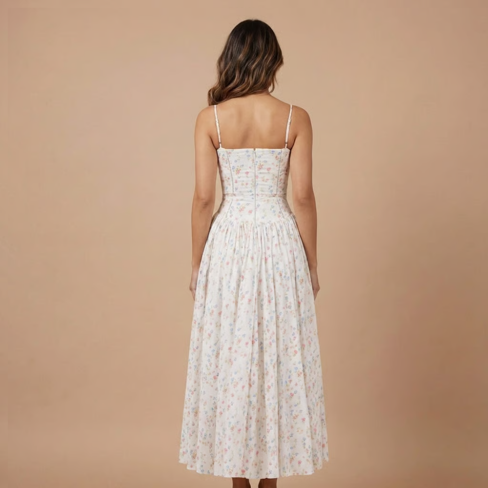 Vibrant floral print midi dress for women, featuring a stylish corset bodice, perfect for summer events.