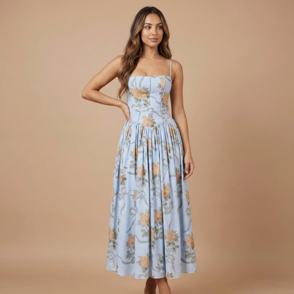 Women's elegant floral corset midi dress, an ideal choice for wedding guests & romantic garden parties.