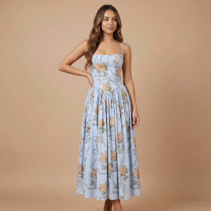 Women's elegant floral corset midi dress, an ideal choice for wedding guests & romantic garden parties.