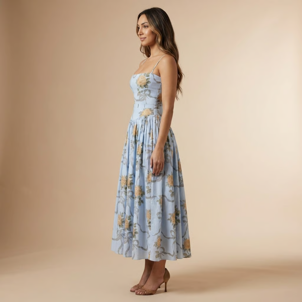 Sleeveless floral corset midi dress, a chic women's choice for elegant summer fashion & special occasions.