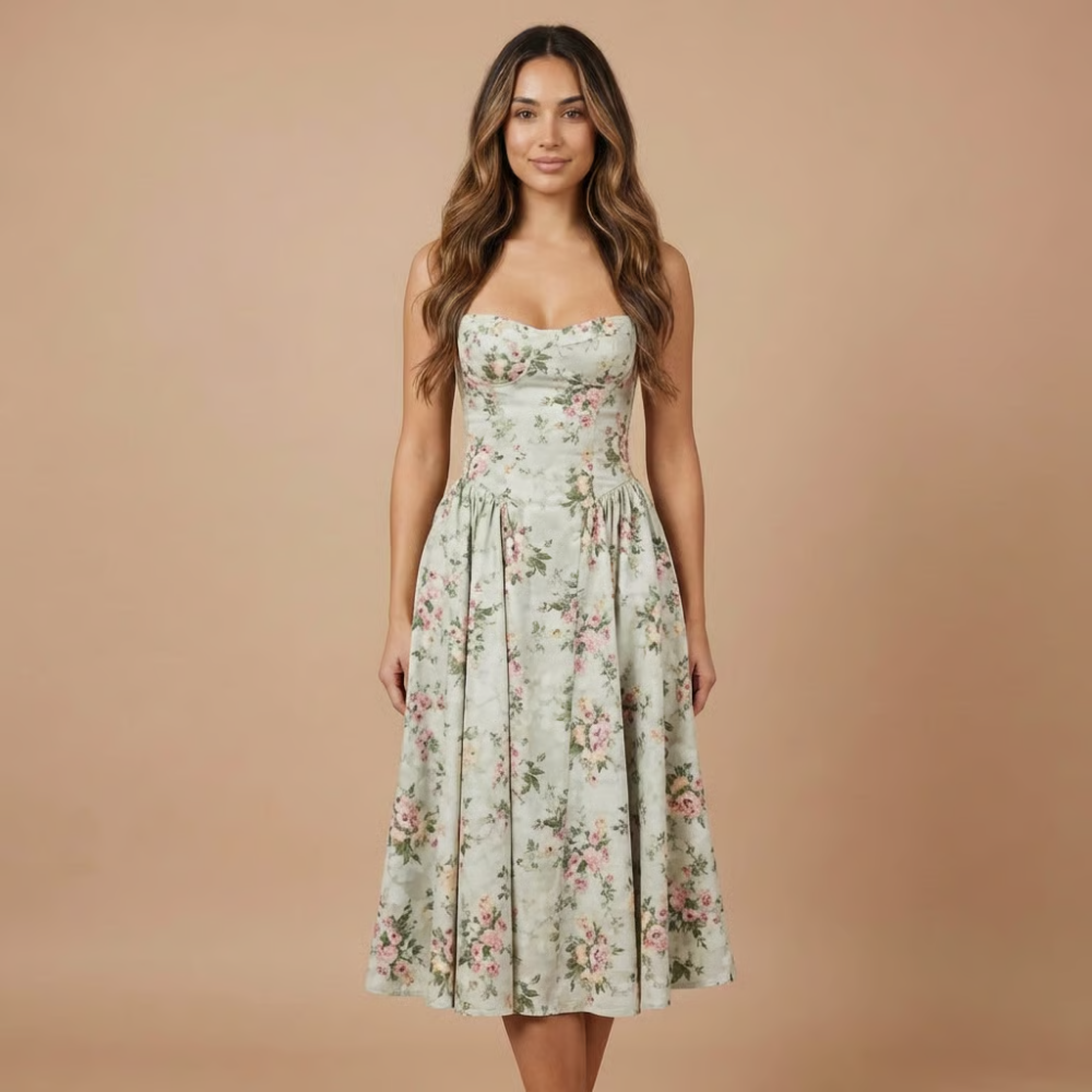 Beautiful A-line floral corset midi dress, romantic style for weddings, garden parties, and elegant summer nights.
