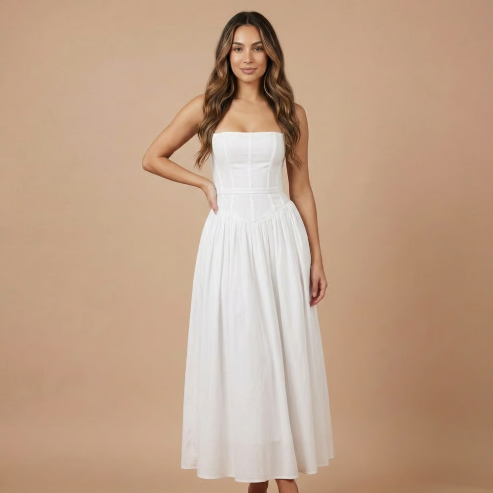 Elegant women's floral corset midi dress, versatile for wedding guests, cocktail events, or garden party attire.