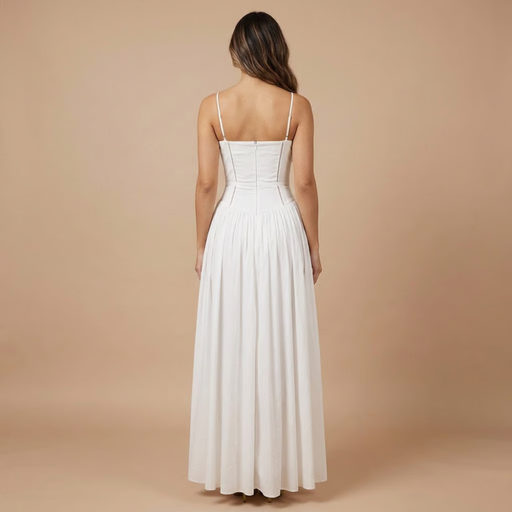 Stylish floral corset midi dress with a flattering A-line silhouette, perfect elegant occasion wear for women.