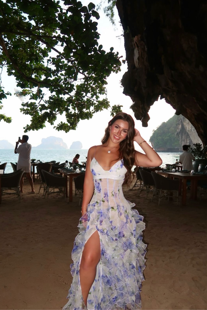Chic corset floral maxi dress with elegant ruffles, a flattering V-neck, designed for wedding guests & summer parties.