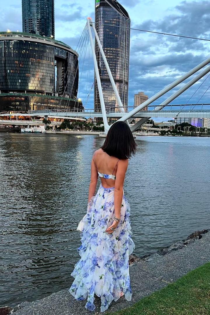Summer blue floral corset maxi dress with graceful ruffles & V-neck, a lovely choice for wedding guests & events.