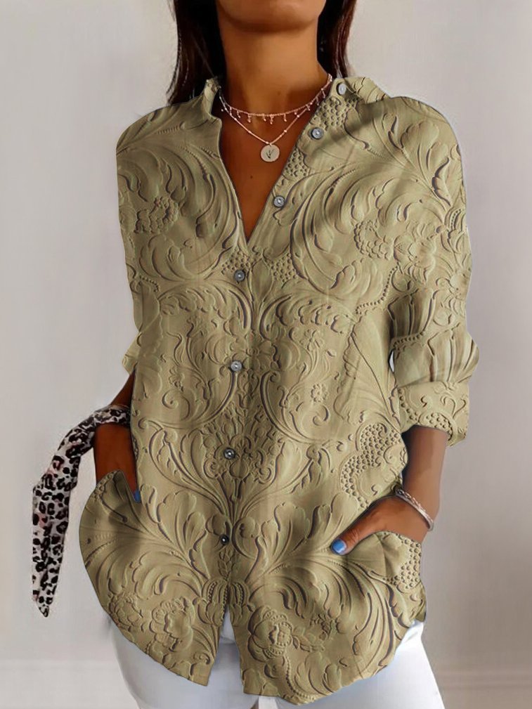 Elegant women's floral embossed V-neck blouse, long sleeve top. Perfect for office wear or casual chic.