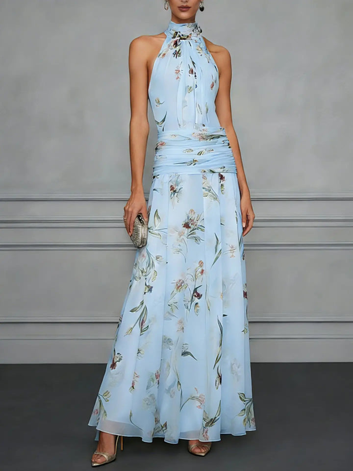 Elegant women's floral halter maxi dress, perfect for summer wedding guests or vacation events.