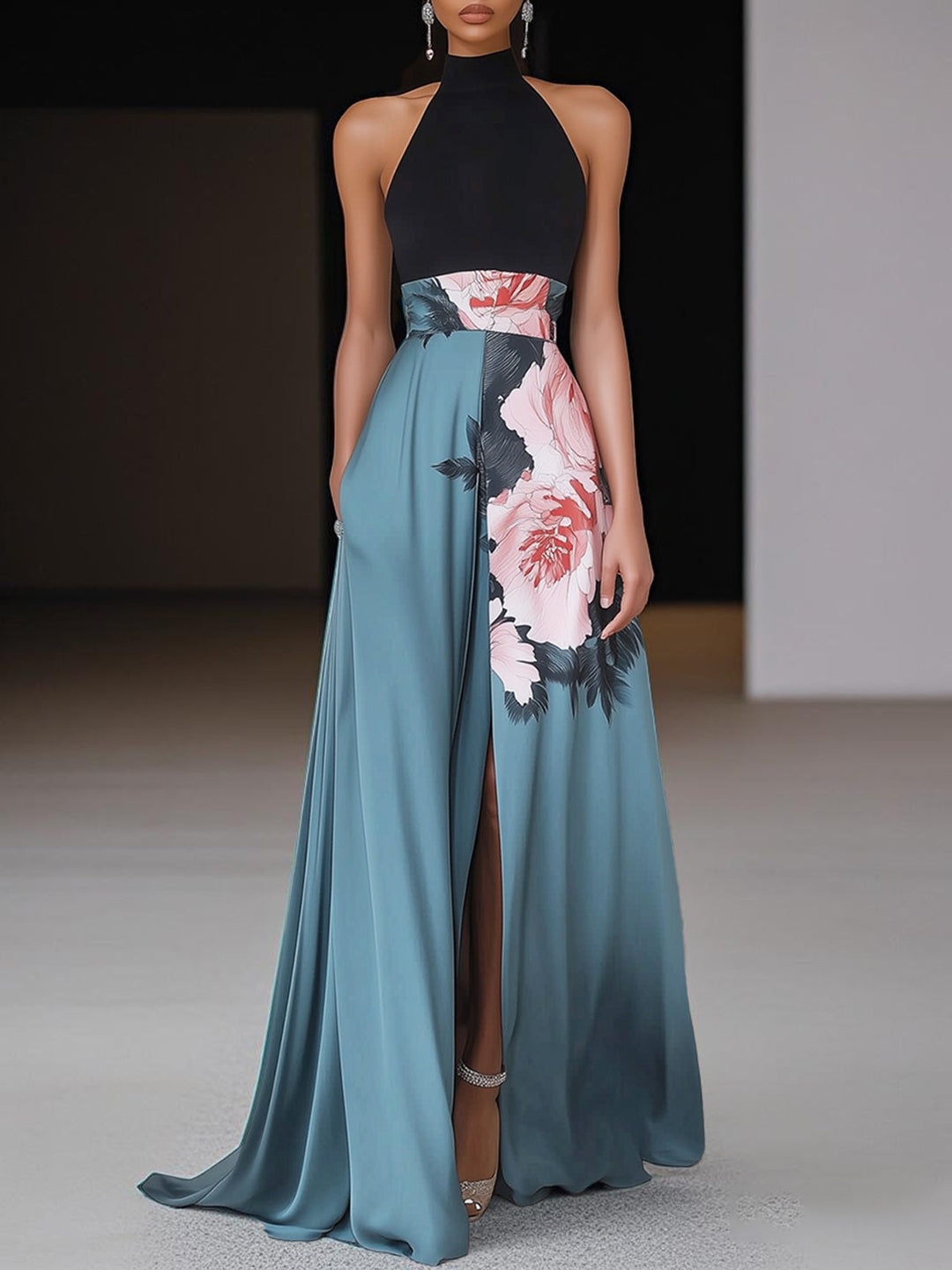 Women's elegant floral halter maxi dress, ideal formal party wear or a sophisticated wedding guest outfit.