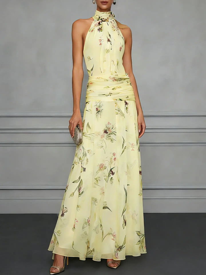 Boho A-line floral maxi dress for women, a stylish sleeveless halter neck perfect for summer parties.