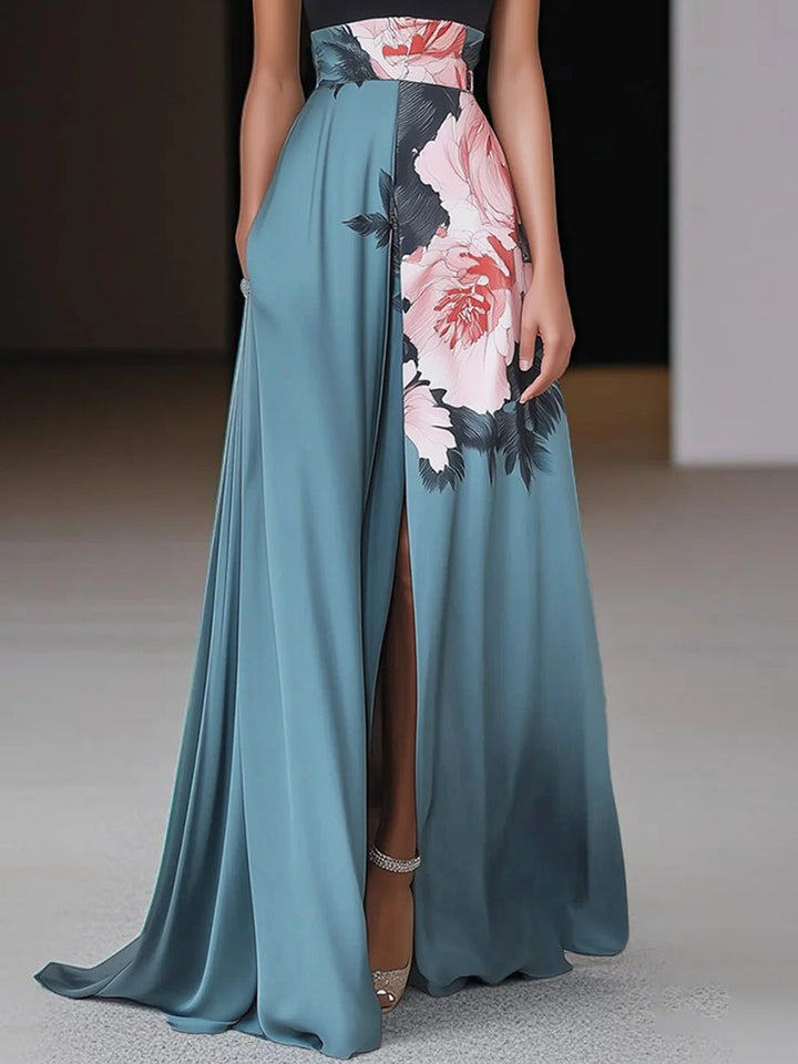 Stylish women's floral print halter neck maxi dress, a chic and comfortable option for evening events or as a wedding guest.