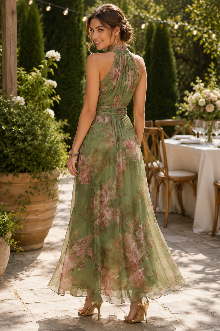 Sleeveless halter maxi dress for women, featuring a romantic floral print ideal for elegant summer wear.