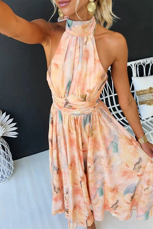 Beautiful women's elegant floral maxi dress with halter neckline, suitable for formal gatherings & summer fashion.
