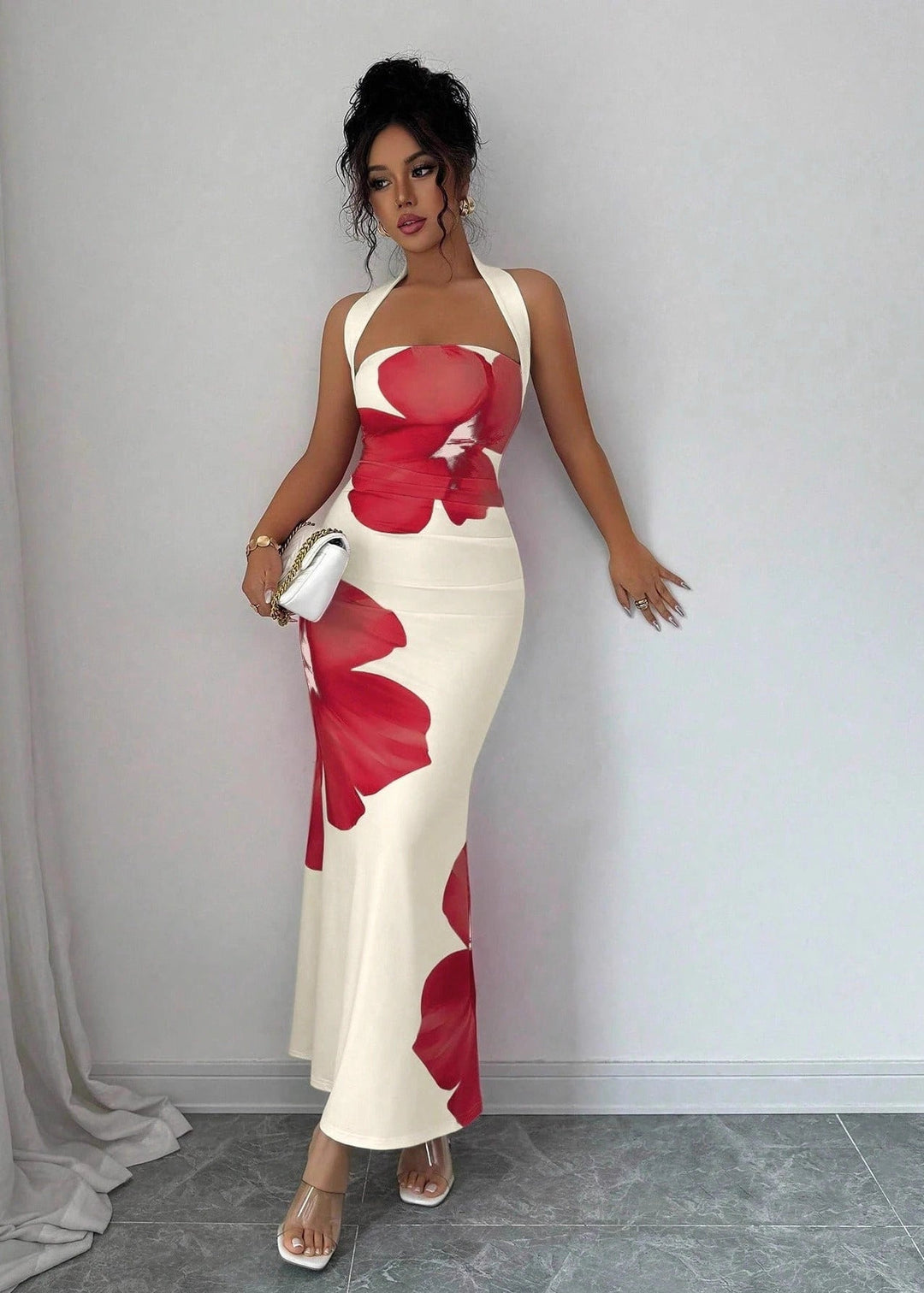 Sophisticated floral halter maxi dress for women, a statement piece for summer special occasions & elegant evening wear.