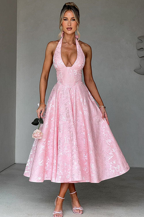 Elegant women's floral halter midi wedding guest dress with a chic corset bodice and A-line skirt.