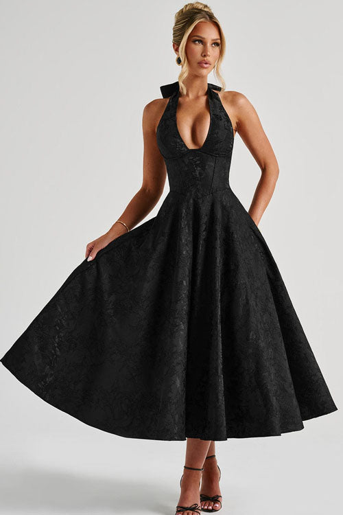 Sophisticated floral print halter midi dress for weddings, with an elegant corset design.
